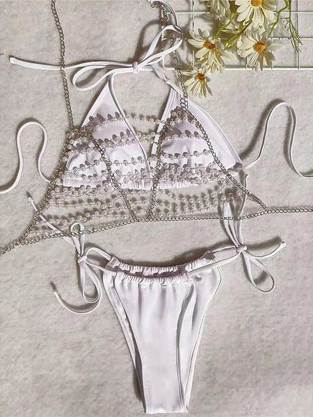 Costumi da bagno femminile con perle catene metalliche Halter Bikini femminile da bagno femminile Donne a tre pezzi Set Bather Bareding Swim Swim K5534