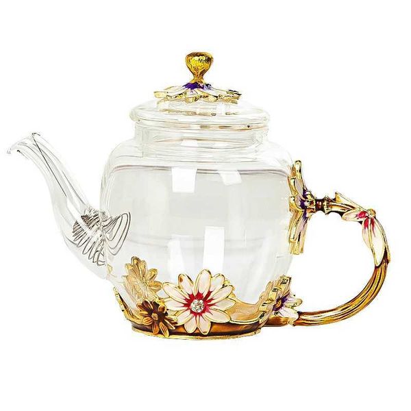 Conjuntos de teaware lindamente o conjunto de chá de cristal de esmalte para a margarida de vidro de vidro para bebidas quentes e frias de bebidas em casa