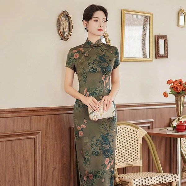 Roupas étnicas tradição chinesa mandarim colar cheongsam vestidos elegantes femininos imprimoros longos qipaos vestidos