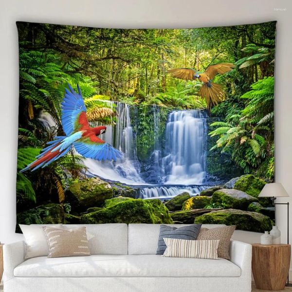 Taquestres modernas 3D Paisagem de tapeçaria de tapeçaria Jungle tropical Floresta tropical Cachoeira de jardim ao ar livre River Home Wall Decoring Art Art Mural