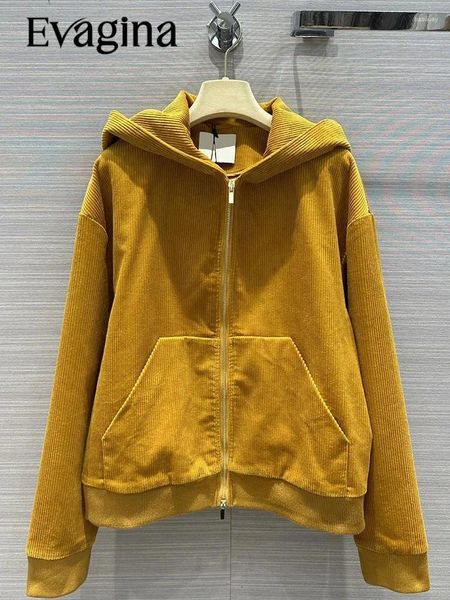 Jackets femininos Evagina Designer de outono Amarelo Corpo Casual casual solto de bolso com capuz sólido casaco de manga comprida