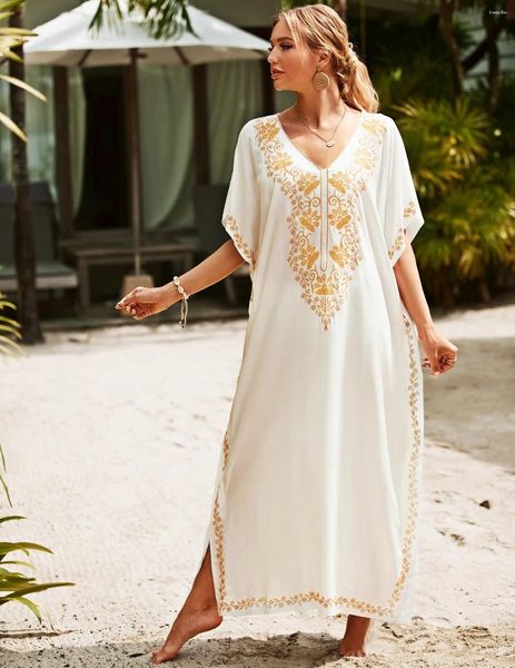 Coperchio di boho sciolto di oversize casual in cotone ricamo floreale in rayon cover-up per la spiaggia di tunica abito caftano vintage vintage