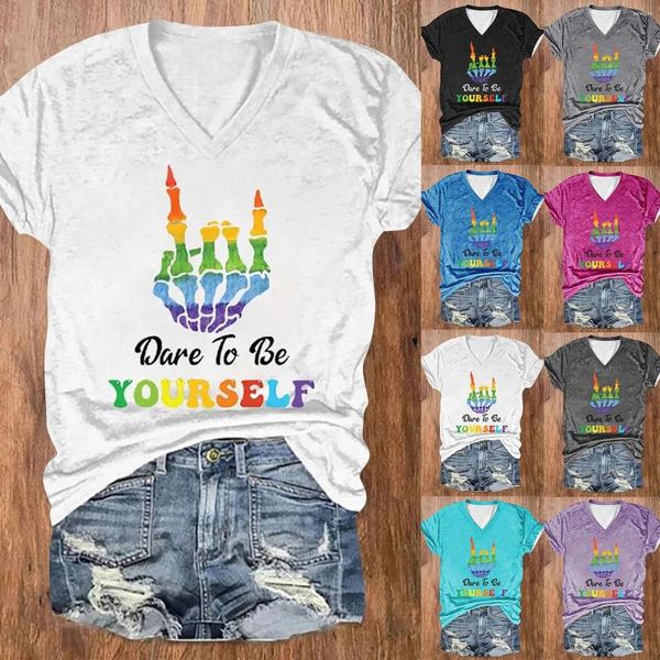 Camisetas femininas Moda V Neck Mês de mangas curtas Mês Dare para ser você mesmo camisa impressa