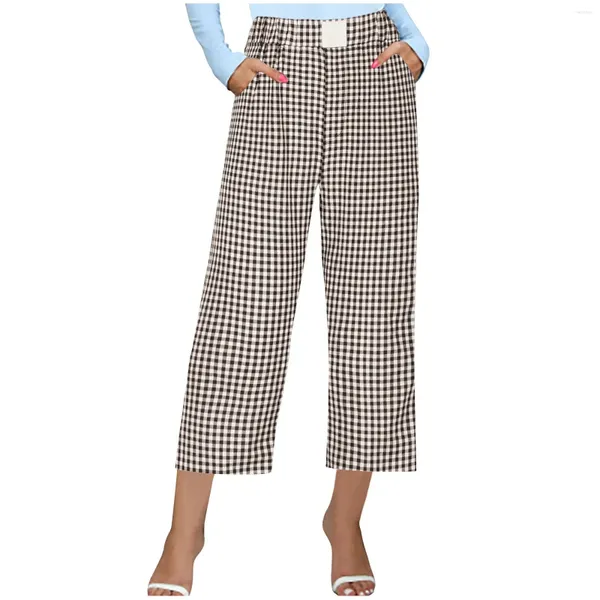 Frauenhose lässige und komfortable, mit hoher Tailla lose Vintage -Plaid mit Taschen Elegante Frau jugendlich beschnitten