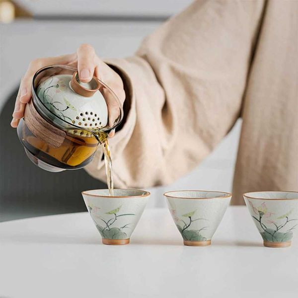 Tee -Sets Geyao Hand gezeichnet Blumen 4pcs Kuai Ke Cup Travel Tea Set Tee Tasse für Infuser Porzellan Chinesisch Gongfu Outdoor Tea Set Cup Set Set