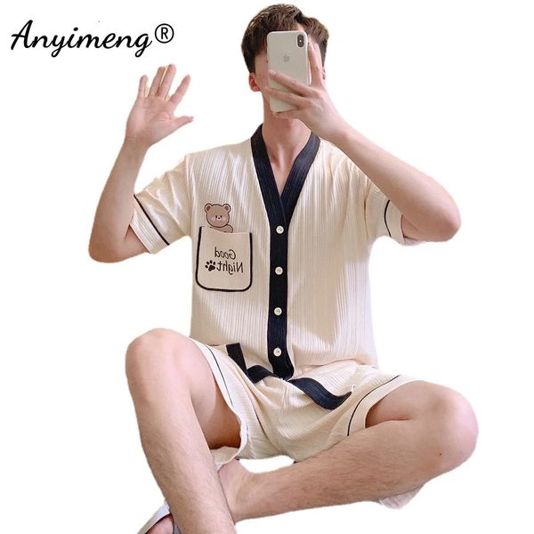 Pijama de algodão de verão para homens de manga curta Kimono pijamas kawaii urso impressão de roupas de noite cardigan roupas de dormir causal calwear 240428