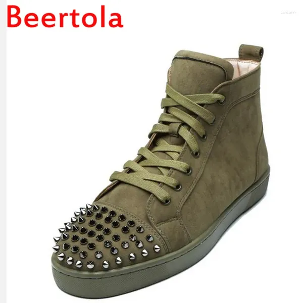 Gelegenheitsschuhe Marke Beertola Leisure Stylish Flock Armee Grüne Männer Nieten Sneaker runden Zehen Schnüre-up High Top Mann große Größe