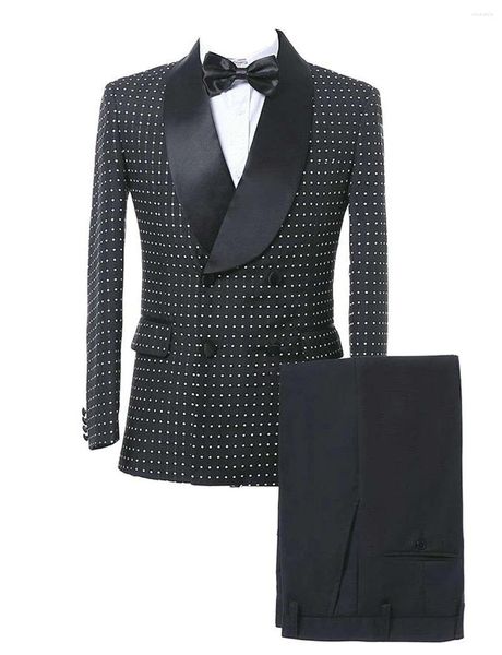 Ternos masculinos Slim Shawl Lapela Polka Dots Conjunto de 2 peças para calças de jaqueta masculina