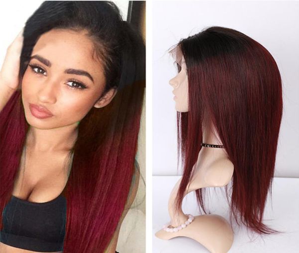 Ombre Borgonha 1B 99J Human Hair Lace Wig com cabelos de bebê Raiz escura Vinho vermelho sem glútero peruca reta de renda cheia para mulher48877749