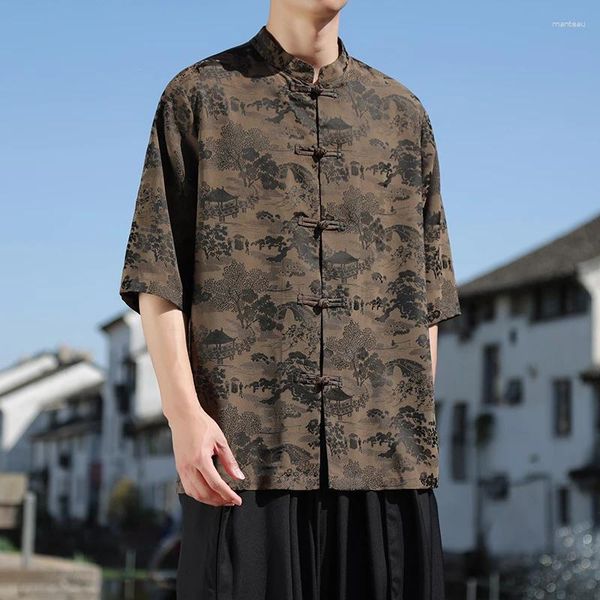 Erkek gündelik gömlekler artı yazlık erkekler Çin gömlek buz ipek vintage tang elbise Hanfu üstleri erkek giyim standı yaka gevşek