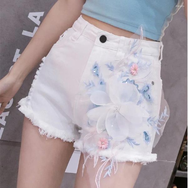Женские брюки Трехмерный цветочный дизайн девочка для растягивания джинсовые шорты Slim Skinny 2024 с низкой талией улица