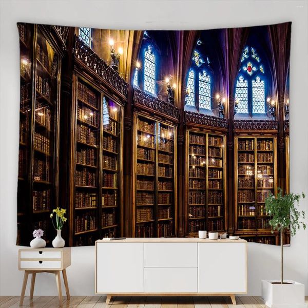 Taquestres Biblioteca vintage Tapestry Wall Hanging Magic Books Antigo Livros Livraria Print