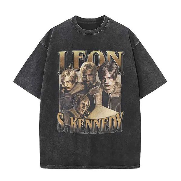 T-shirt maschile Limited Leon S Kennedy Graphic maglietta grafica Shirt 90s Resident Evil 4 Wash vintage T-shirt Y2K Mens abbigliamento gotico t-shirtl2403