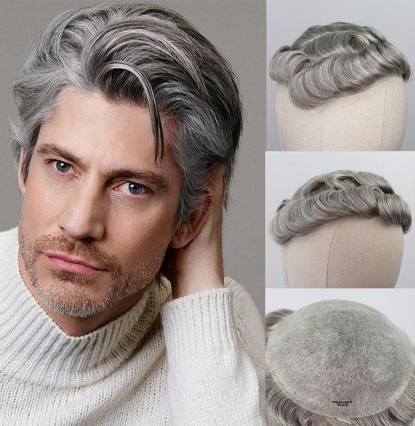 Erkekler için Pu Toupee 5 Karışık Gri Saç Değiştirme 8x10 İnsan Saçları Erkekler Toupee 8x10 6 inç Kıvırcık Saç Stili Erkekler WIGS9805370