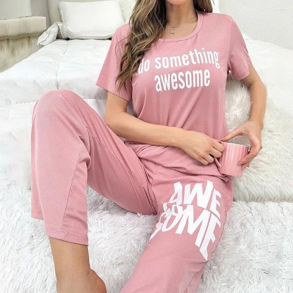 Pijãs de roupas de sono femininas para mulheres de pijama rosa de verão de duas peças conjunto de duas peças de estilo coreano Ladies Home Clothes Terno de roupas de noite feminino Mulher