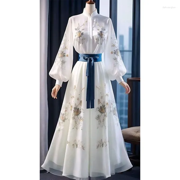 Lässige Kleider chinesischer Stil Blumendruck Kleid Frauen Frühling traditioneller elegantes Standkragen Volllaterne Ärmel Party Robe J265