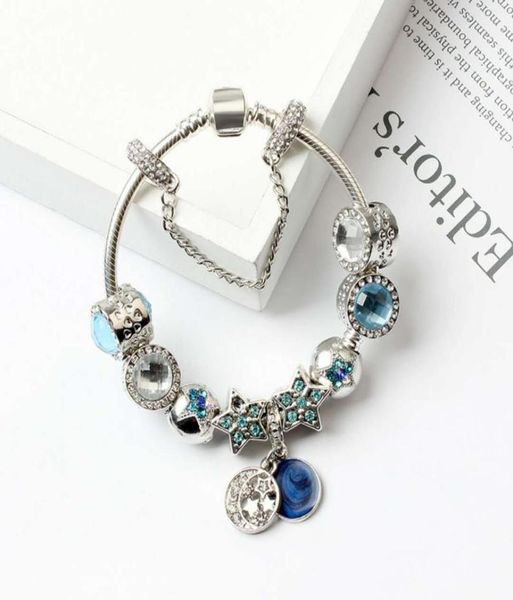 Nuovi braccialetti di fascino per gatti blu Occhi perline Bracciale 925 Braccialetti d'argento stelle luminose Bracciale Moon Gioielli fai -da -te8415206