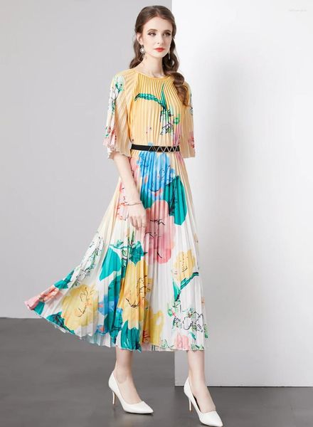 Vestidos casuais, impressão floral de outono, vestidos plissados midi conjuntos de conjuns de vestidos de duas peças para mulheres elegantes roupas de férias