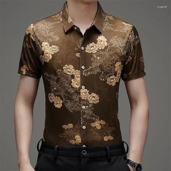 Herren lässige Hemden Sommer Mode Golden Blumen für Männer High -End -Kurzarmknöpfe Hemd Hemd Plus Größe bedruckte Bluse Streetwear