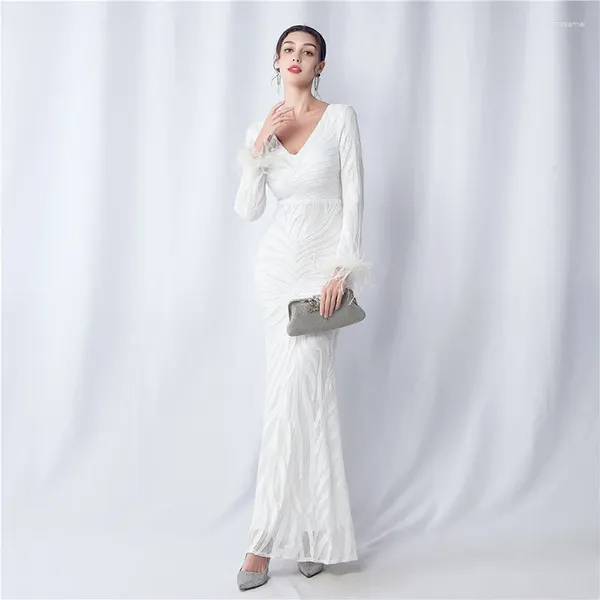 Lässige Kleider 2024 elegantes Kleid für Frauen Langarm V Hals Weiß Rückenfreier sexy Abendparty Cocktail Prom Mermaid