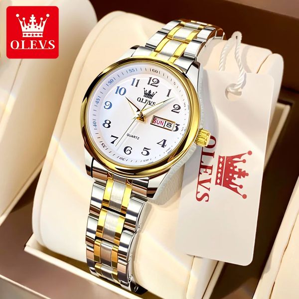 Olevs Luxury Quartz Watch for Women Women Elegante Stainless Watches Watches Luminous Waterspert Week Data Watchwatch Ladies Dress 240425