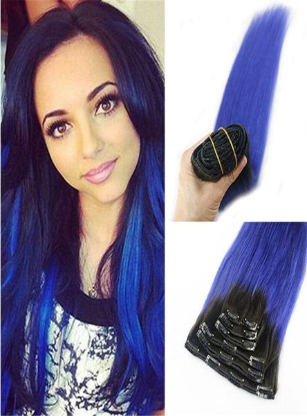 Зажиг в примирении волос Remy Ombre 1B в синий зажим Balayage в наращиваниях для волос с двойным уклоном для волос. Прямо 7 шт. 1207123469