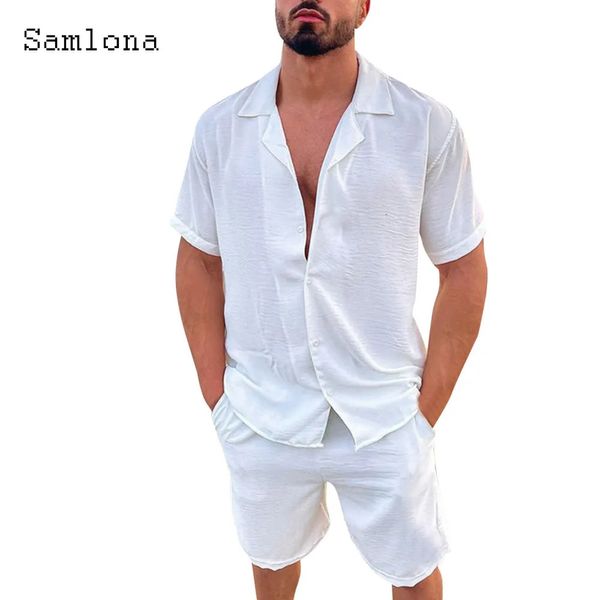 Linenio maschile taglie forti casuali due pezzi set in stile europea top vintage camicetta e pantaloncini bianchi si adattano al set di tute da spiaggia maschile 240426