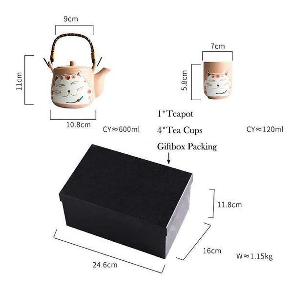 TeAware Setleri Pembe Seramik Çay Potu Sevimli Kedi Çay Kupası Su Kupası Maneki Neko Tasarım Porselen Kettle TeAwer Set (4 su bardağı+1 çaydanlık)