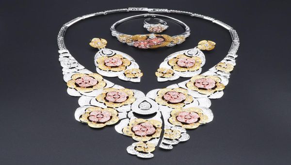 Moda Dubai Gold Silver Plated Jewelry Conjuntos de jóias para mulheres Brincos de colar de cristal de flores africanas anel de pulseira 4560032