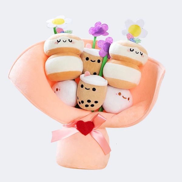 KAWAII BOBA FLOR PLUSH Toy Bouquet Bubble Tea Dolls preservados Flushies Graduação dos namorados Presentes de Natal para Girl 240429