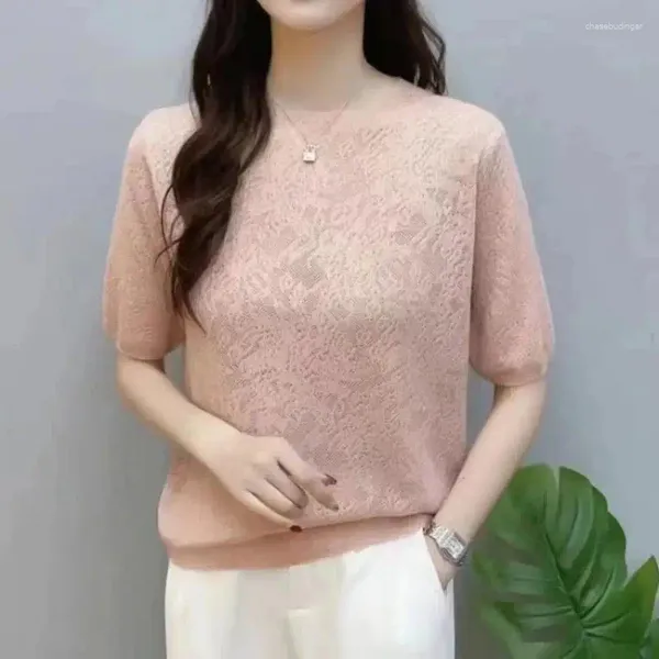 Magliette da donna abbigliamento gancio di moda fiore vuota top solidi eleganti estate mezzo collare alto semplicità t-shirt a maniche corte femmina