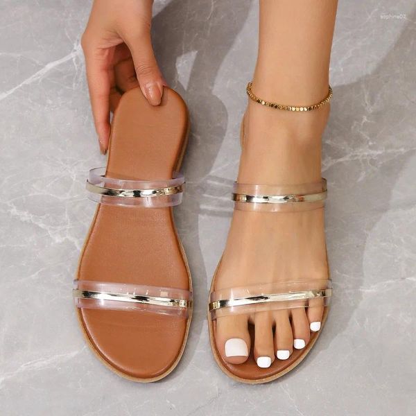 Terlik Seksi kristal zincir kadın açık ayak parmağı düz sandalet plaj ayakkabıları slip-on gümüş rhinestone