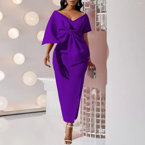 Vestidos de festa Mulheres Purple Summer Girl Elegant Sexy Big Bow Split Dress Bodycon 2024 Trendy vestidos mujer sukienki damskie