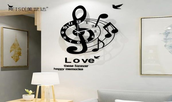 Notas musicais Art Creative Large Wall Relógio Modern Design 3D Relógios acrílicos de moda assistir sala de estar decoração de casa 2103106409849