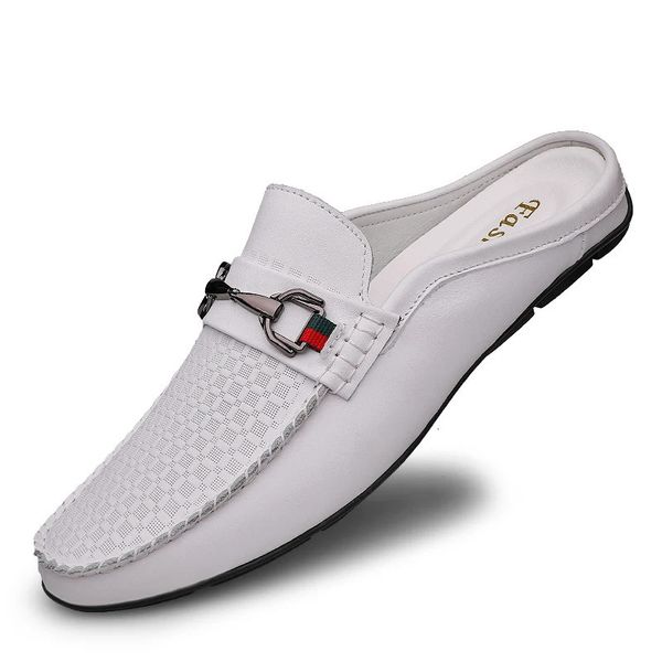 Sapatos respiráveis ​​de verão homens moda moda couro de couro semicultura escorrega em mocassins estilo italiano casual marca de luxo half mocares 240430