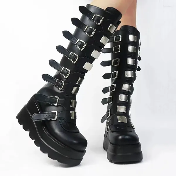 Stiefel Fashion Metall Plattengürtel Schnalte Knie Frauen Dicke Plattform Keil Hochscheibe Punk Frau Ritter