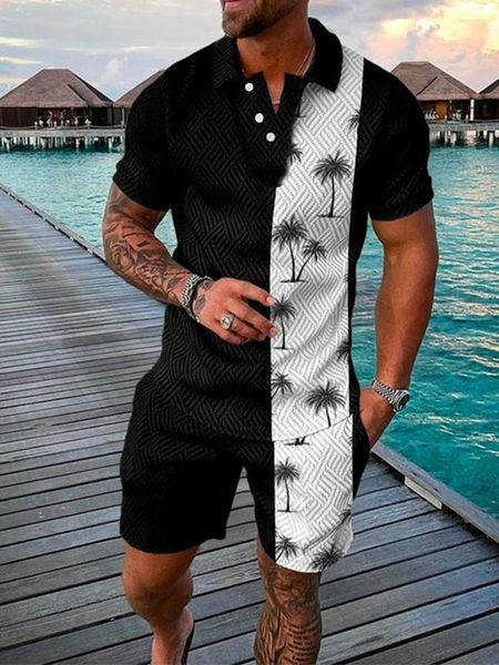 Herren Tracksuits Männer Anzüge 3D Print Beach Kokosnussbäume Knopf Polo -Shirt Shorts zweiteils Set Soft Fashion Casual Clothing Tracksuit