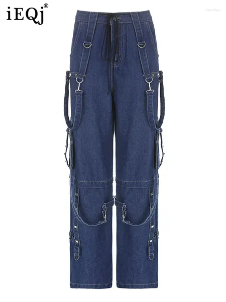 Jeans femininos Y2K Lace-up Button Design Comprimento completo para mulheres bolsos vintage Spliced Loose Feminino 2024 verão 3WQ4856