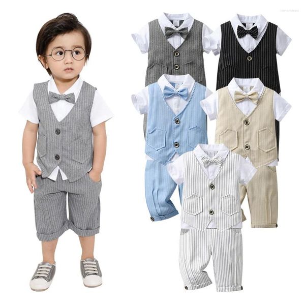 Kleidungsstücke kleine Jungen Baby formelle Anzüge Performance Kleidung Gentleman Fliege Krawattenhemd Weste Faux zwei Stück Top mit Shorts Set