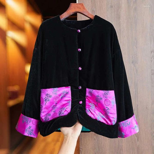 Damenjacken Winter High-End Seiden Samt Baumwolljacke Retro chinesischer Stil Jacquard Spleiß kontrastierende Farbmanschetten Mantel S-XXL