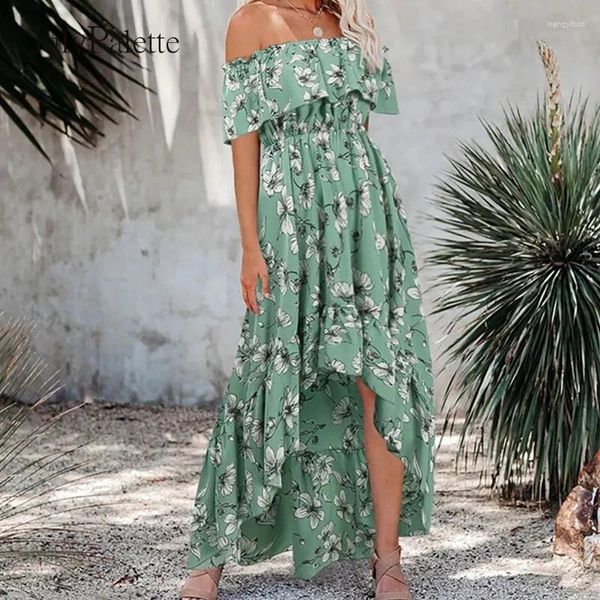 Lässige Kleider niedriger Preis Verkauf Bohemian Summer Dress One Schulter Rüschen Schlanke hohe Taille Blumen bedrucktes Strand Sunddress Lange Frauen