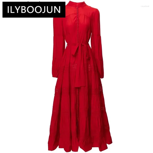Abiti casual Ilyboojun stilista abito estivo stand da donna con colletto manicotto perle perle a petto singolo pizzo vintage-up