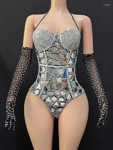 Bühnenverschleiß hochwertiger Diamant sexy Hosentender Nacken Hanging Overall mit Handschuhen 2024 Mode Custom Damen -Kleidung