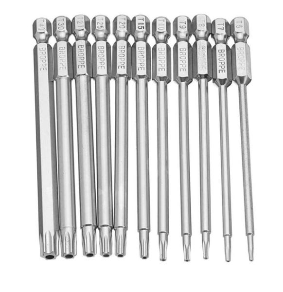 Yüksek kaliteli 11pcslot 11pcs 100mm uzunluğunda çelik manyetik torx hex güvenlik elektrikli tornavida biti manyetik tornavida bit6678140