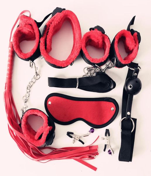 7pcs Nylon Plush Erotic Erotic Sex Toys Adulti Sesso manette Whip Mouth Gag Mask Sex Mask BDASM BONDAGGI BDSM Set1796082