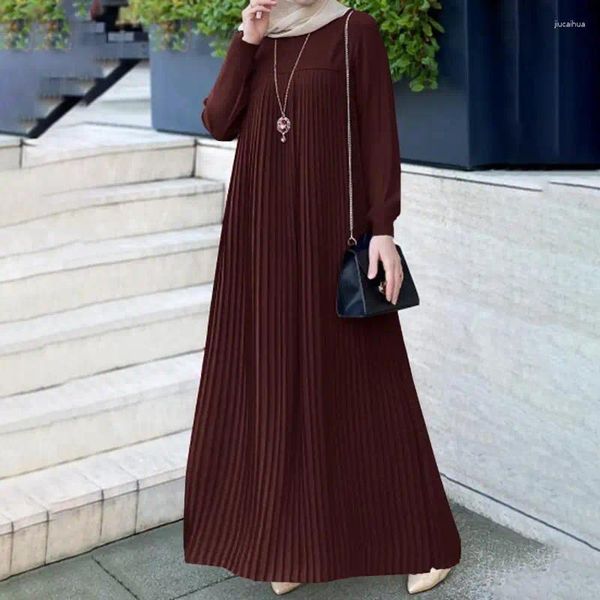 Ethnische Kleidung Muslim Maxi Kleider für Frauen arabische elegante plissierte runde Hals Langarmiger Naher Osten Dubai Jilbab Mode Islam