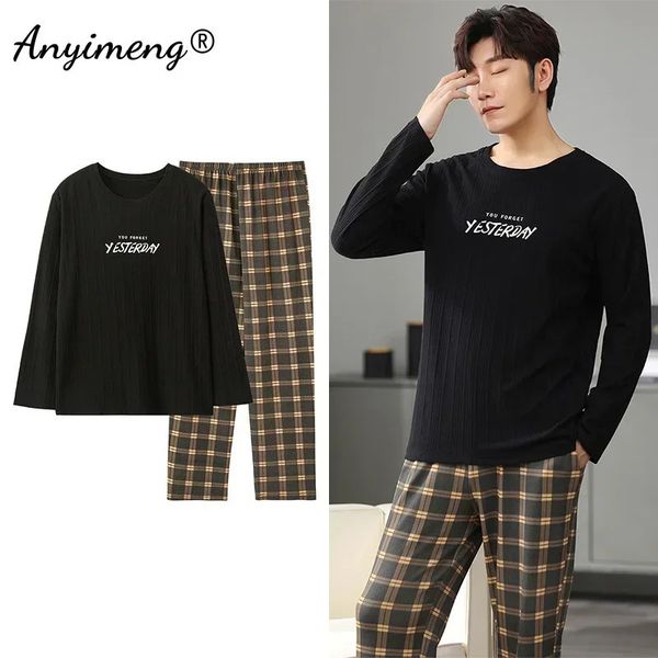 Großgröße Männer Pyjamas Herbst Winter Chic Gentleman PJS Fashion Mens Casual Beamte Plaid Hosen Baumwolle Pijama Set für Boy 240428