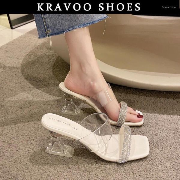 Slippers Krovoo Women Shoes Transparent High Heels Hels Rhinestones Sandals plástico banda estreita praia Slides Summer 2024