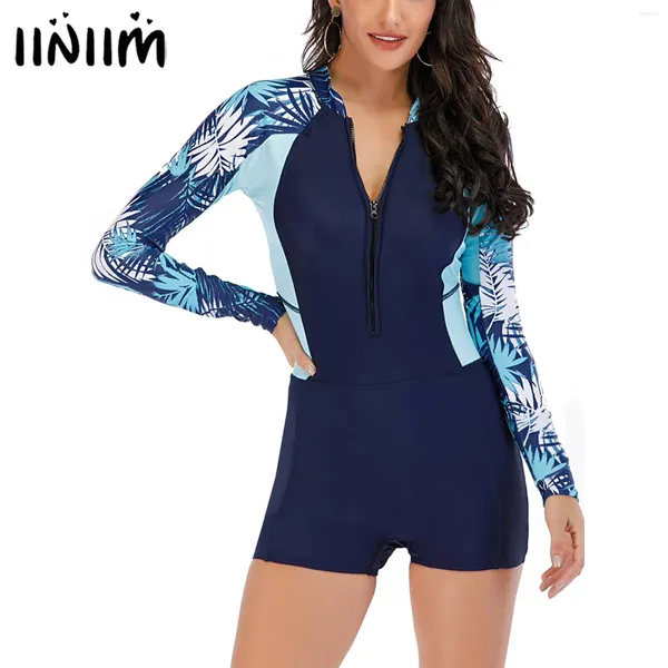 Menas de banho feminina feminina feminina boyleg swimsuit impressão zíper upf 50 rashguard surf maiô piscina shorts de praia