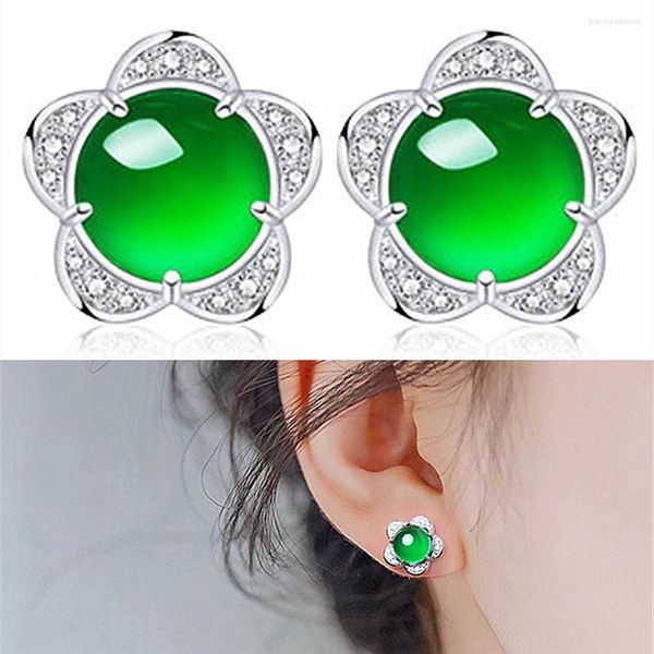 Brincos de garanhão flor clássica verde jade esmeralda gemas de zircon diamantes para mulheres brancas ouro jóias de cor prata bijoux